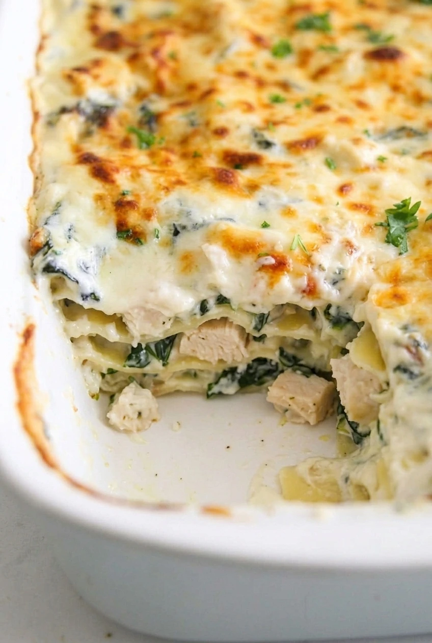 Close view of chicken Alfredo lasagna layers showing tender noodles, creamy spinach ricotta, chicken, and browned cheese.