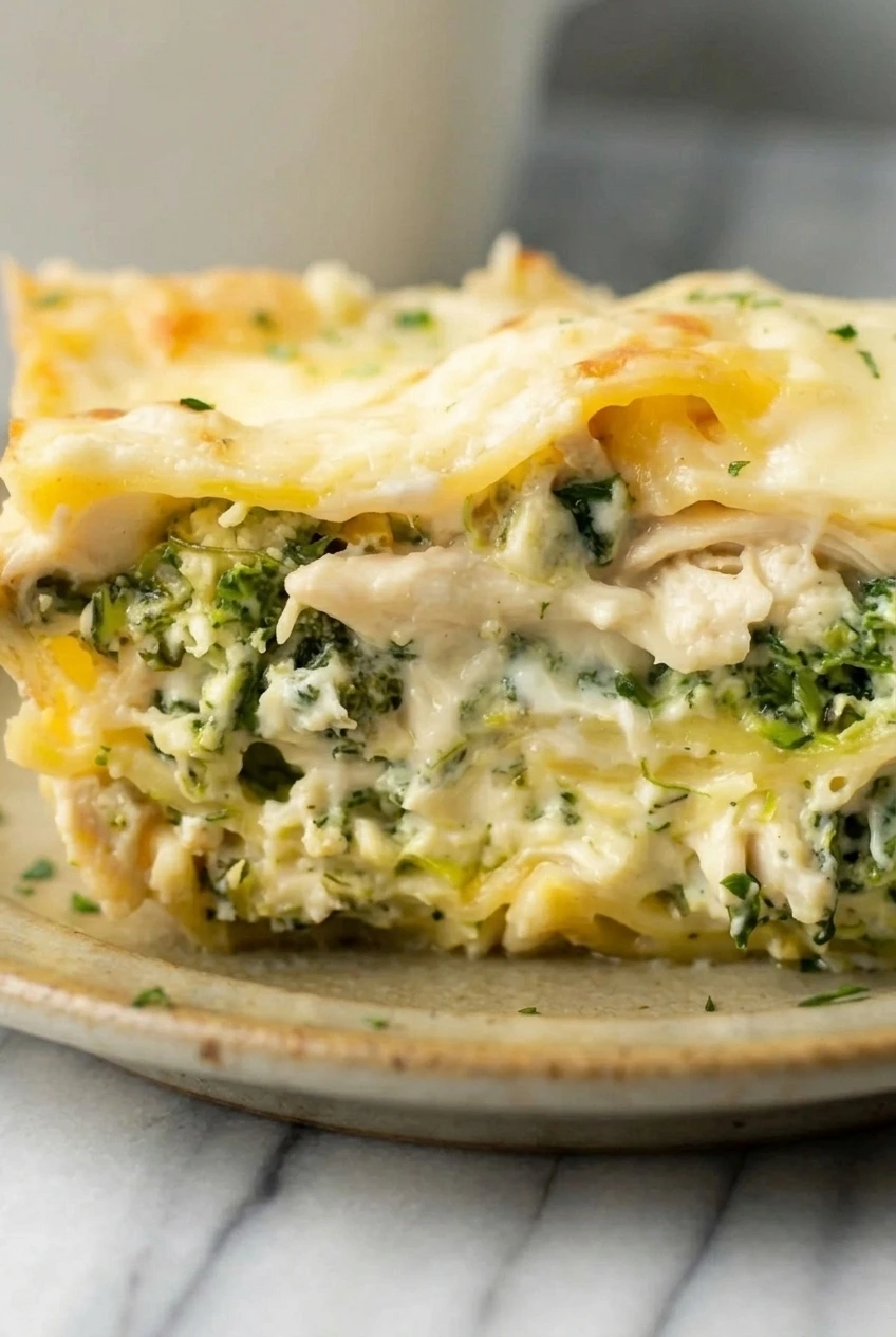 Close detail of creamy white chicken lasagna layers with shredded chicken, spinach, ricotta, and tender noodles.