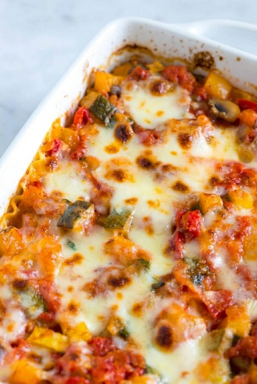 Close detail of classic vegetable lasagna with saucy zucchini, peppers, and mushrooms between melted mozzarella patches.
