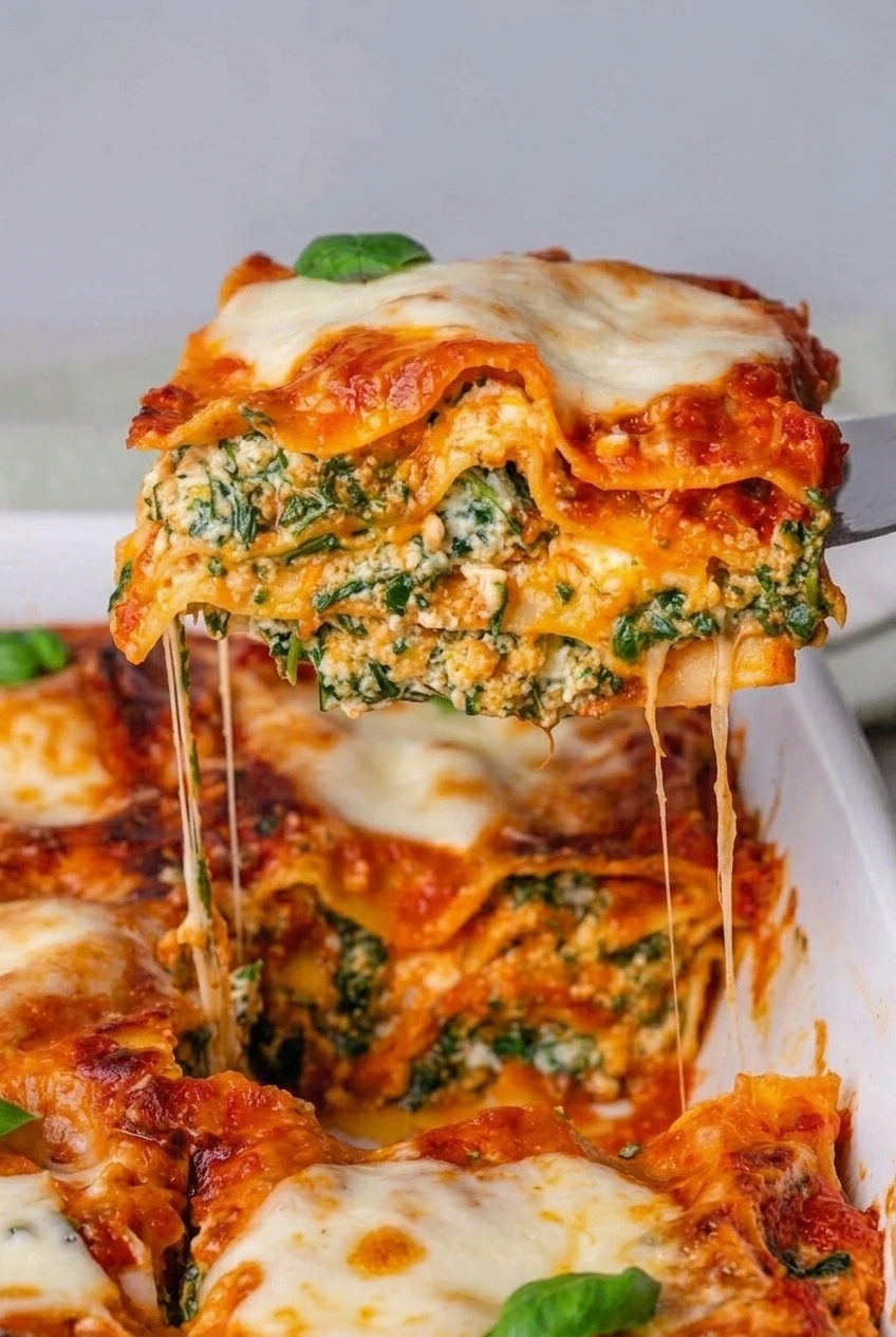 Close view of spinach and ricotta lasagna layers with green-flecked filling, pasta, marinara, and melted cheese.