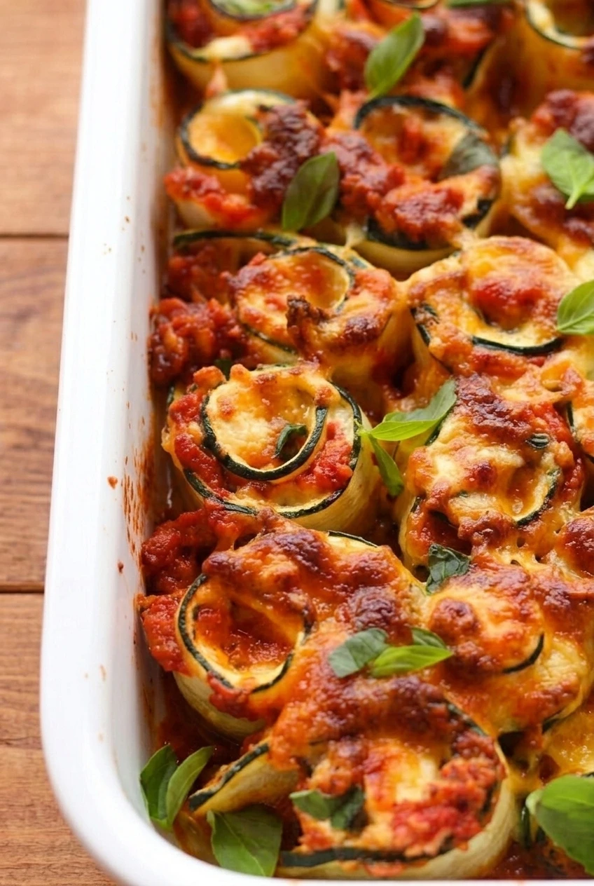 Close detail of zucchini lasagna curls with red marinara, browned melted cheese, basil, and creamy ricotta filling.