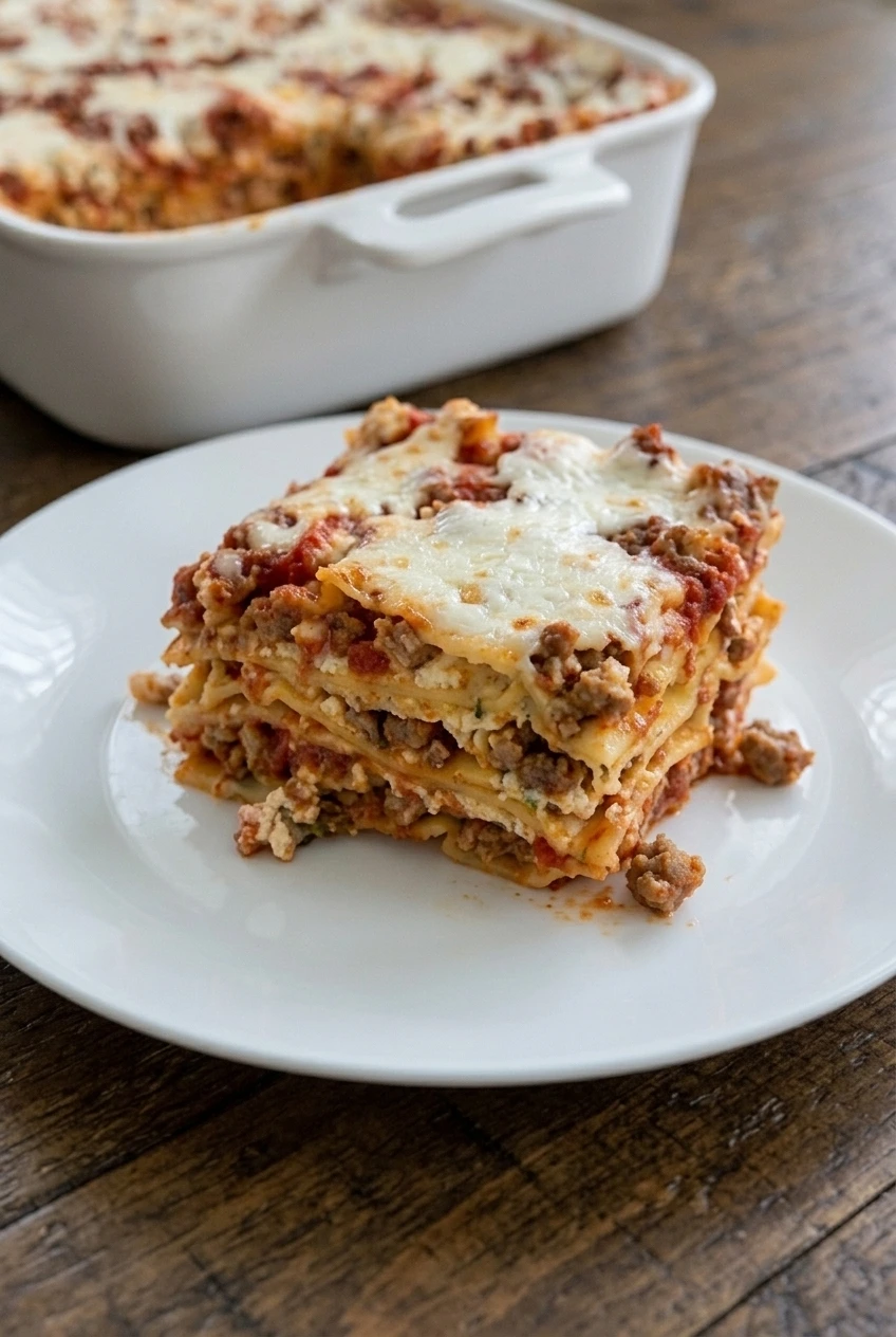 Close view of a lasagna slice showing tender noodles, sausage marinara, ricotta, and melted mozzarella