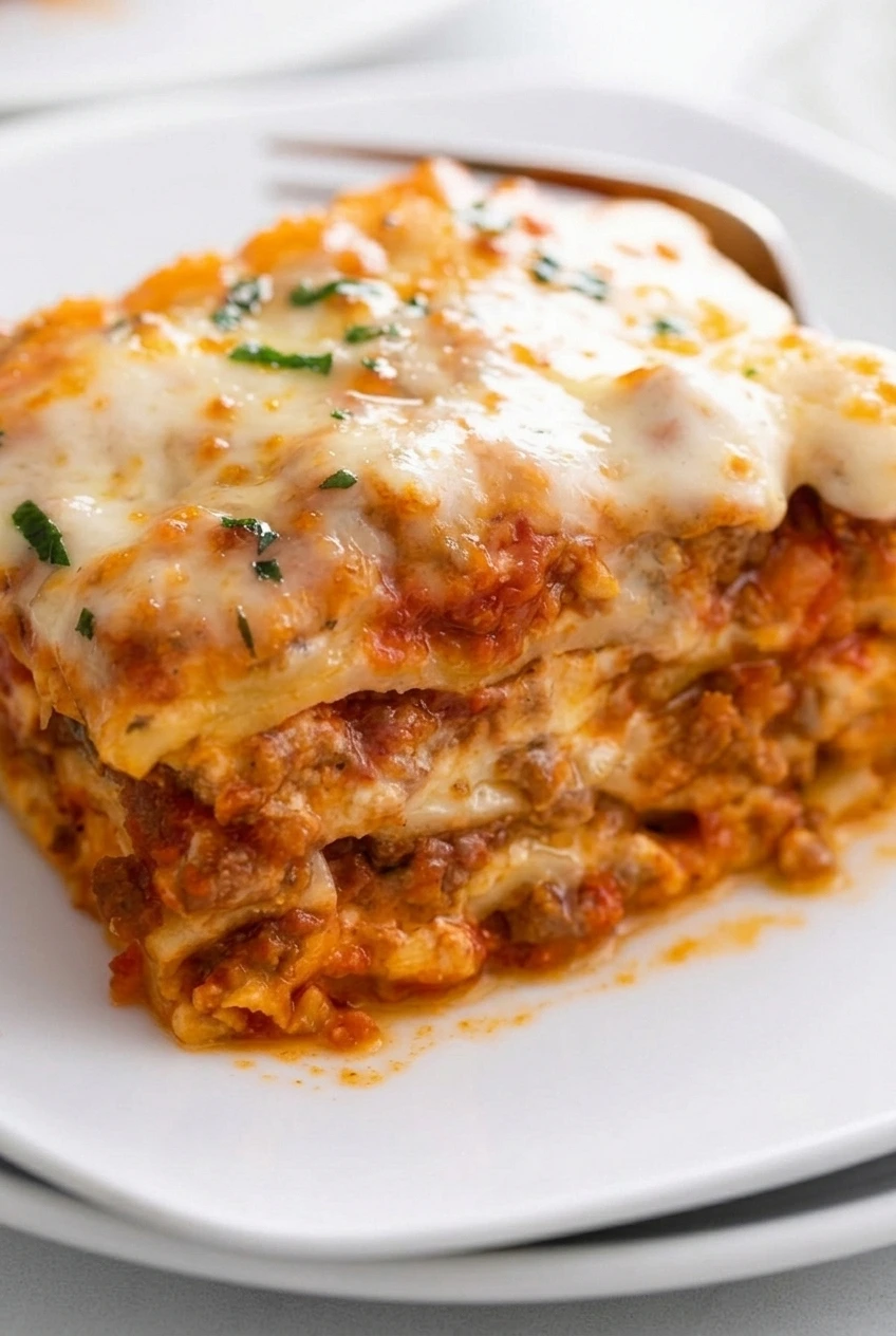 Close detail of five cheese lasagna showing stacked noodles, tomato meat sauce, creamy cheese layers, and a golden melted top
