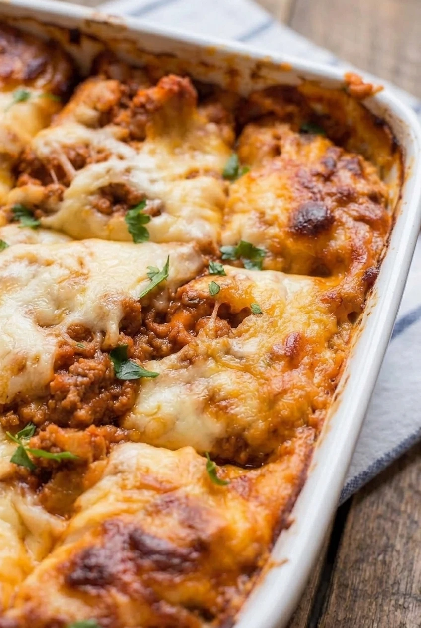 Close detail of cottage cheese lasagna with melted mozzarella, browned spots, chunky meat sauce, and parsley