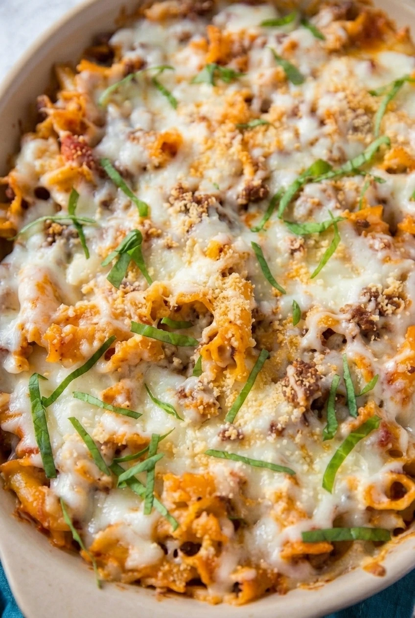 Close detail of saucy farfalle, browned beef, melted mozzarella, Parmesan, and basil in lazy lasagna casserole