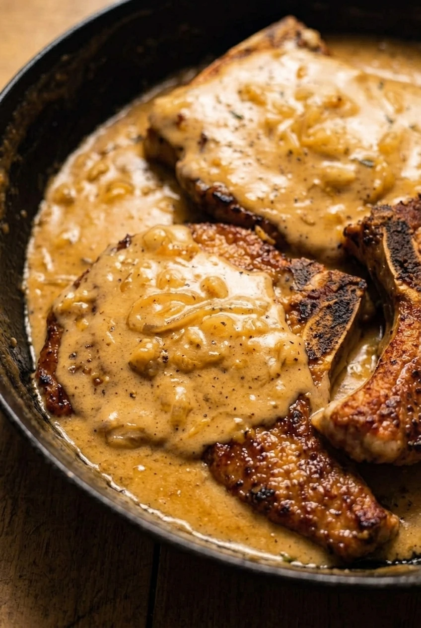 Close detail of browned pork chop edges, soft onions, and thick creamy onion gravy.