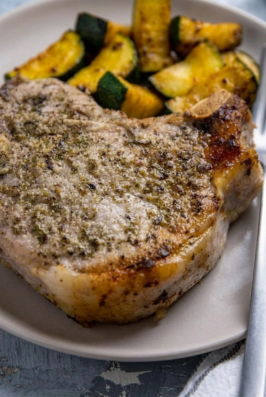 Close detail of the pork chop’s seasoned sear and golden zucchini edges