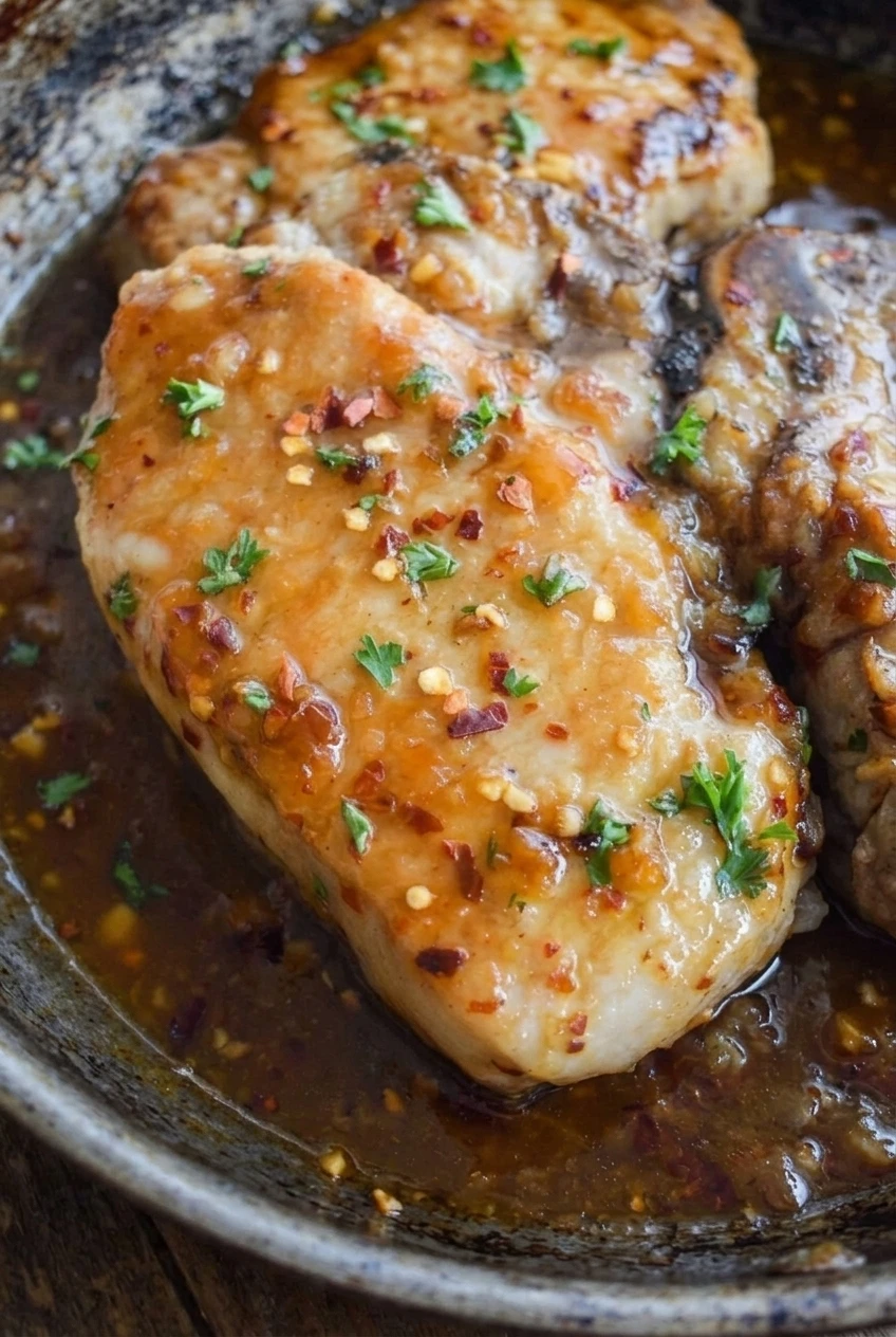 Close detail of honey garlic pork chops showing glossy glaze, garlic pieces, parsley, and red pepper flakes
