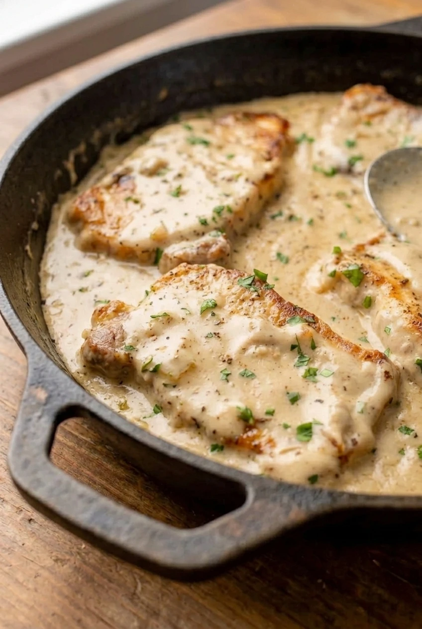 Close detail of a browned pork chop coated in creamy mushroom sauce with parsley and pepper flecks.