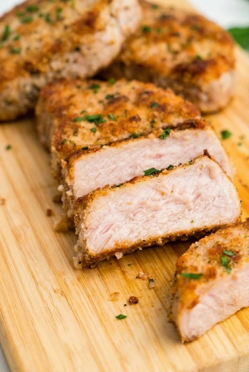 Close view of a sliced Parmesan-crusted pork chop showing its fine golden coating and moist interior.