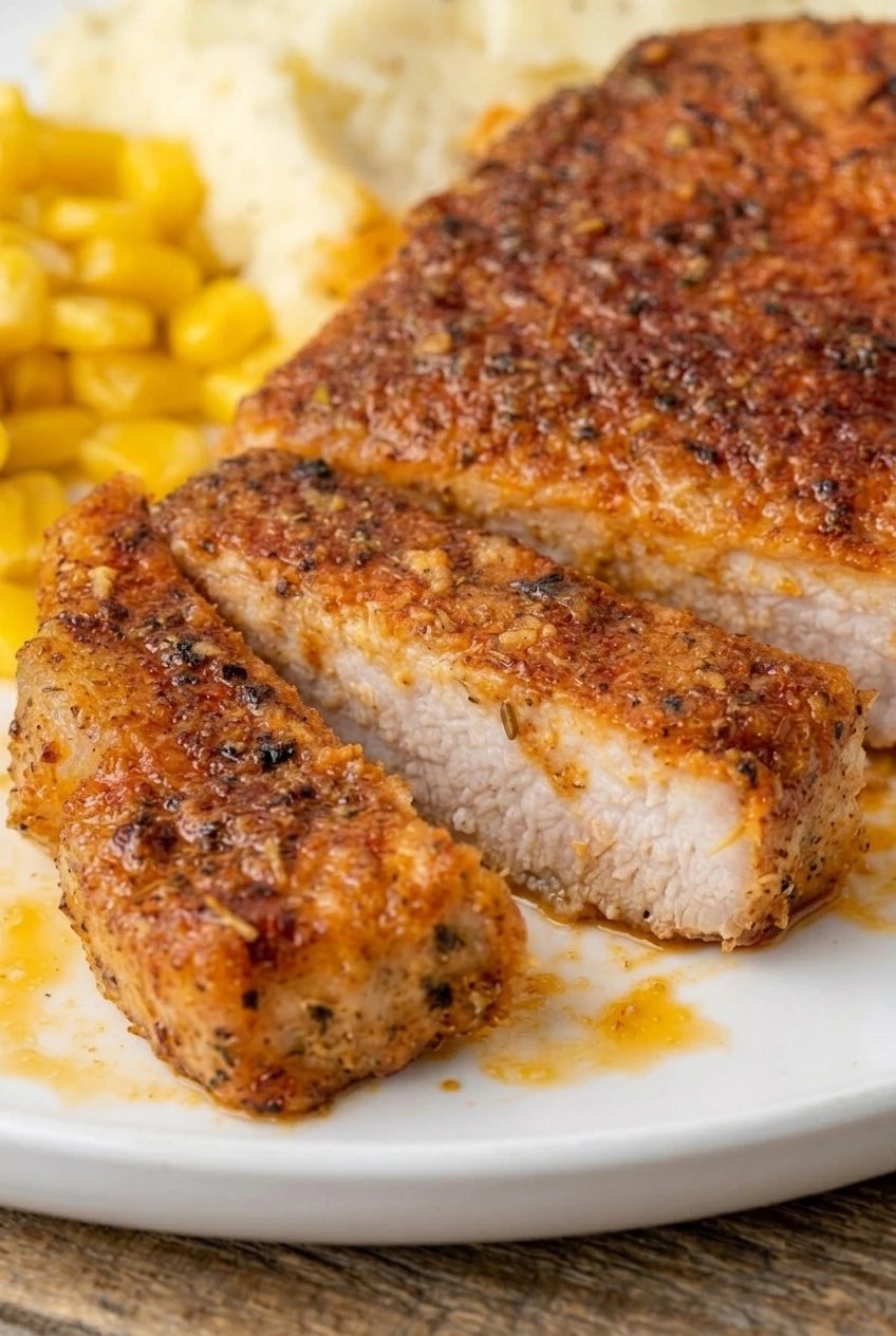 Close view of glossy brown sugar baked pork chops showing herb-flecked seasoning and a moist, pale cut interior
