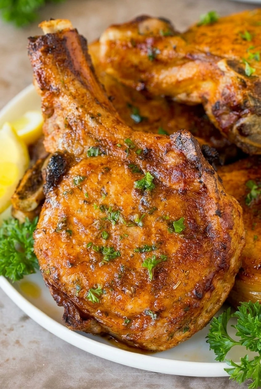 Close view of the browned paprika crust, parsley, and visible bone on an air fryer pork chop