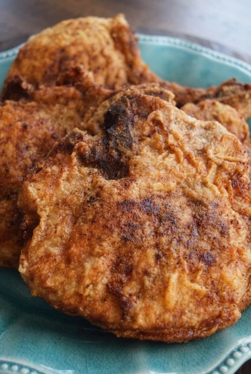 Close view of the crisp, uneven golden-brown flour crust on Southern fried pork chops