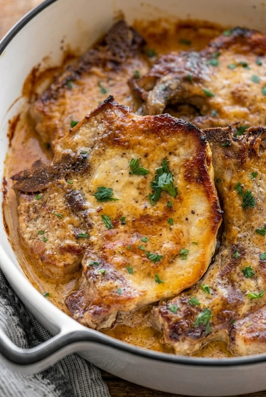 Close view of browned honey mustard pork chop, creamy sauce, and fresh parsley