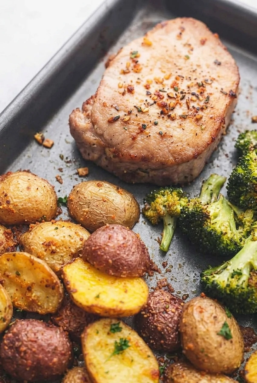 Close detail of seasoned pork chops, browned potato halves, and roasted broccoli