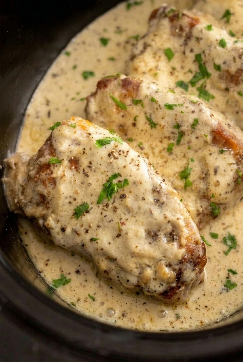 Close detail of browned pork chop edges under creamy Parmesan sauce with pepper and parsley.