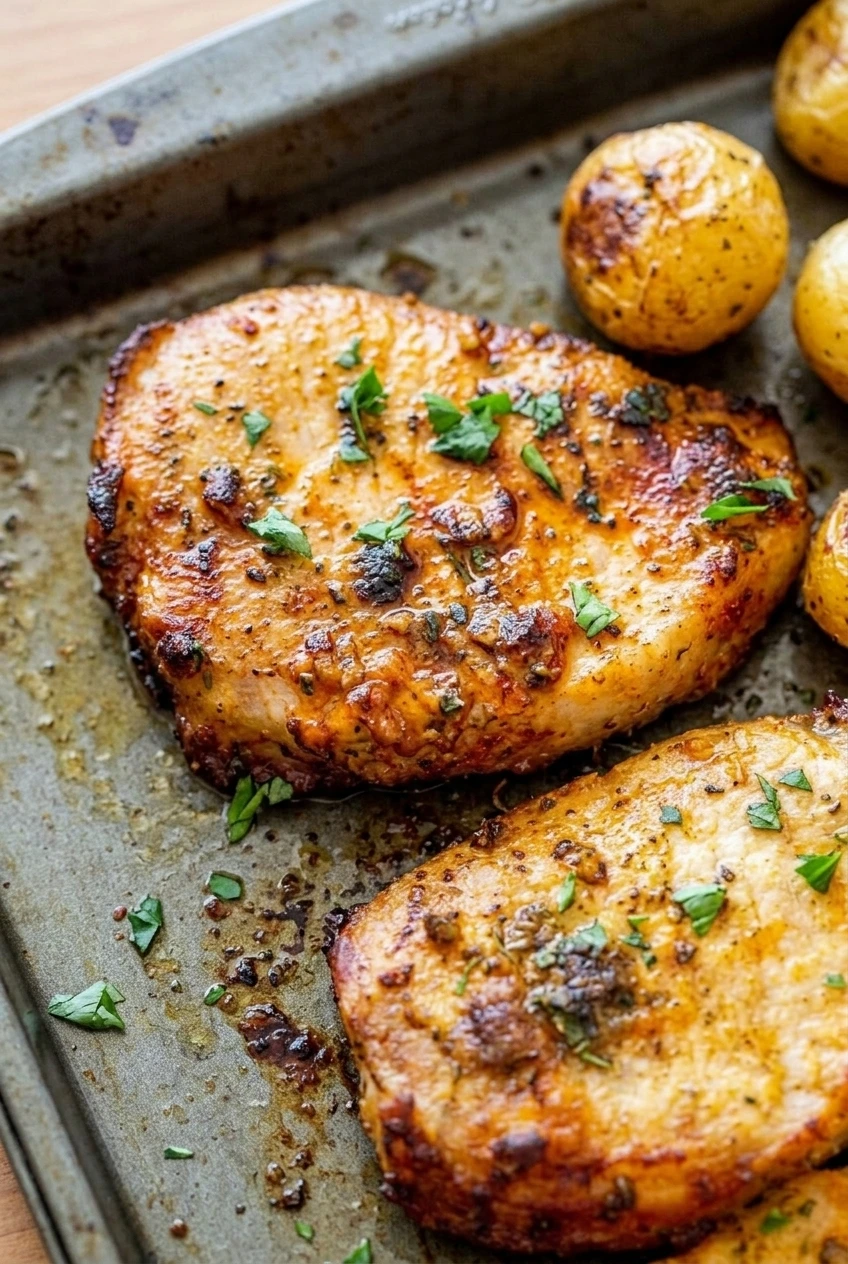 Close detail of golden ranch seasoning and browned edges on pork chops beside roasted baby potatoes