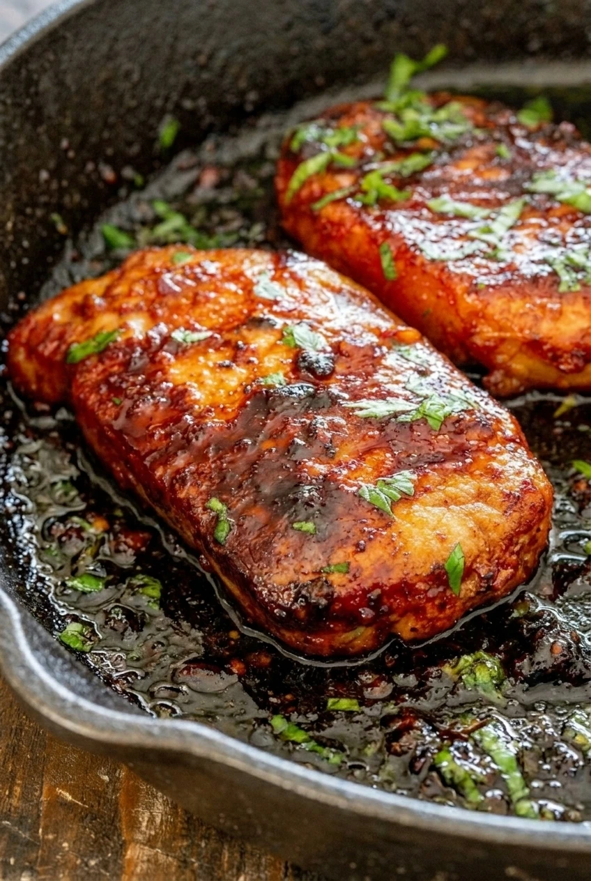 Close detail of glossy gochujang glaze, browned searing, and green onion on a whole pork chop