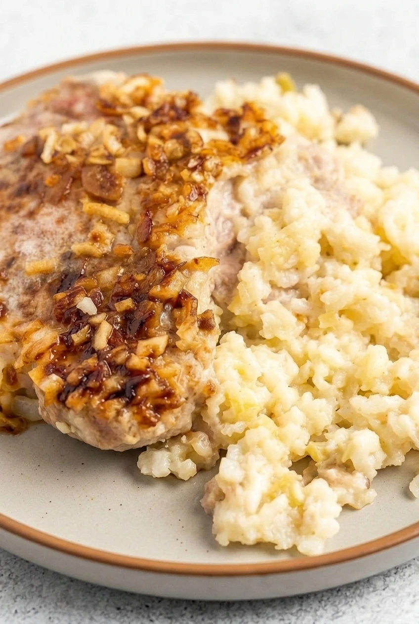 Close detail of golden onion bits on a pork chop beside soft, creamy rice grains.