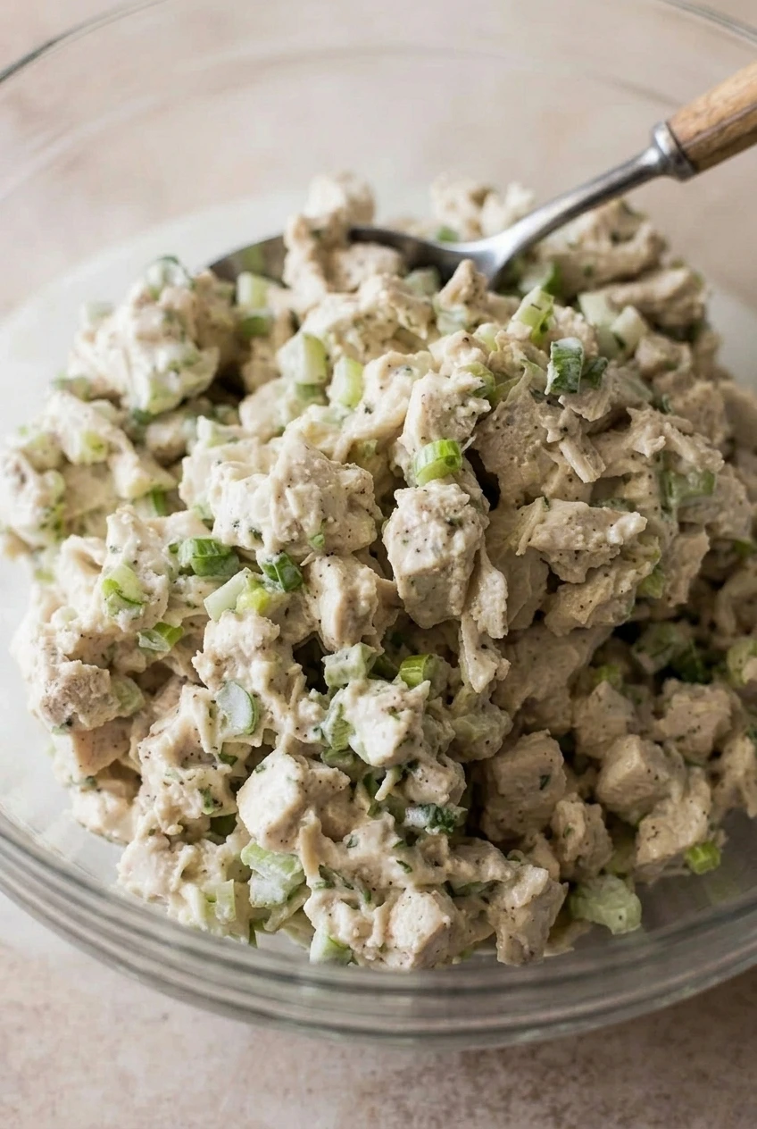 Close-up of chunky chicken salad showing the creamy coating, celery, scallions, and pepper