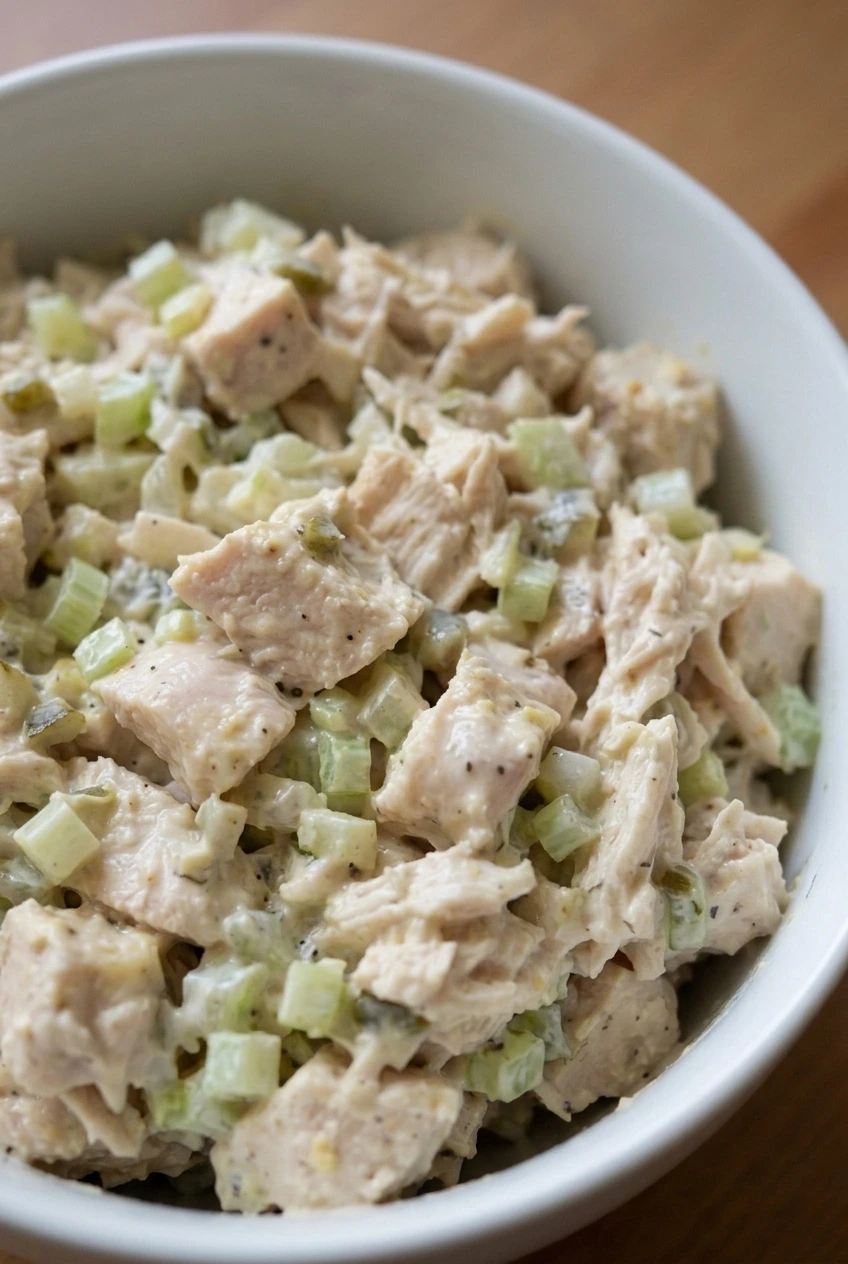 Close-up of creamy Southern chicken salad showing distinct chicken pieces, diced celery, and dill pickle