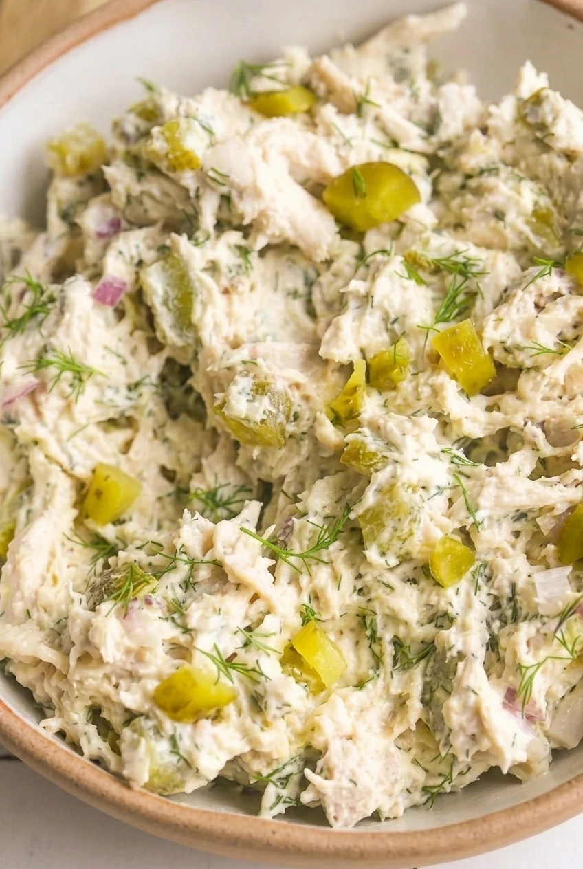 Close detail of dill pickle chicken salad showing creamy dressing, distinct chicken shreds, pickle pieces, and fresh dill