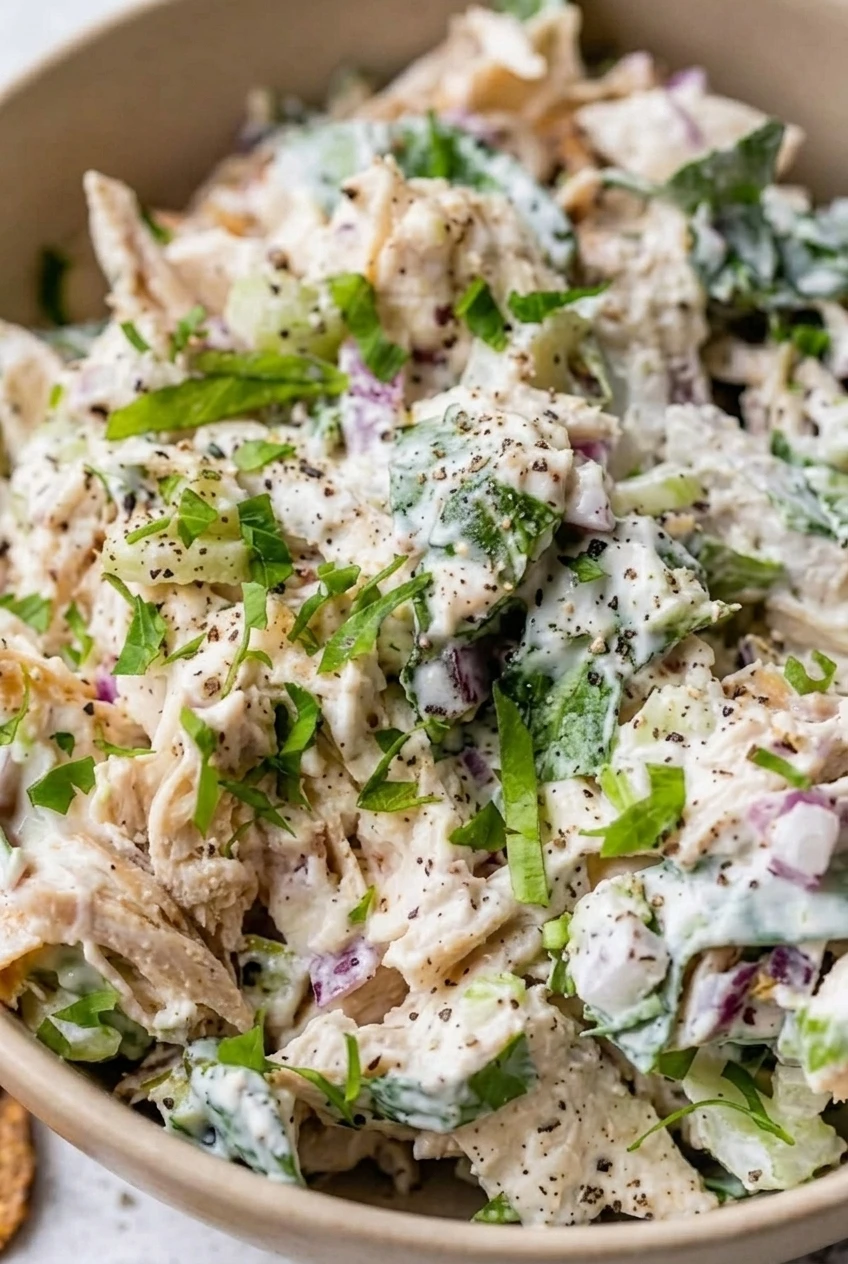 Close detail of creamy rotisserie chicken salad showing chicken shreds, spinach, celery, red onion, and pepper