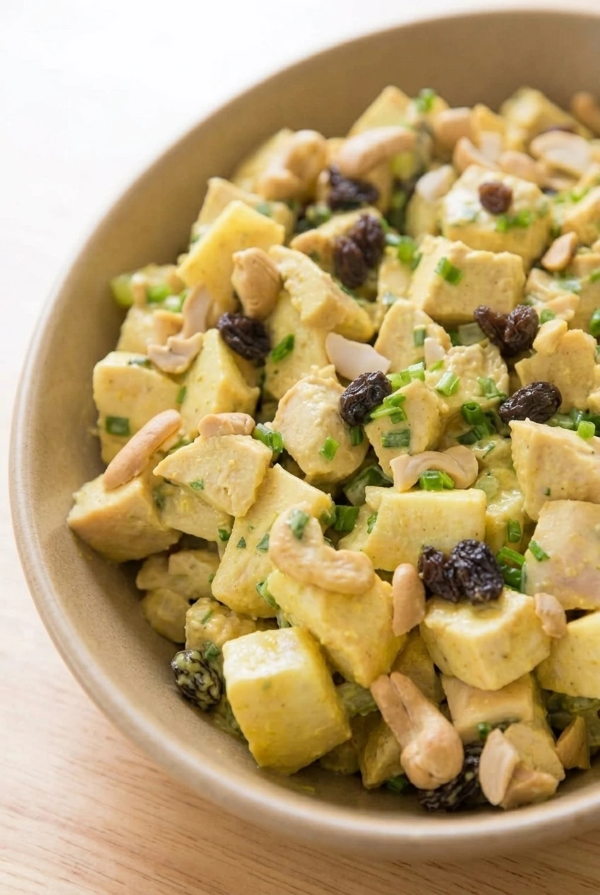 Close detail of curry chicken salad showing golden dressing on chicken cubes with raisins, cashews, celery, and chives.