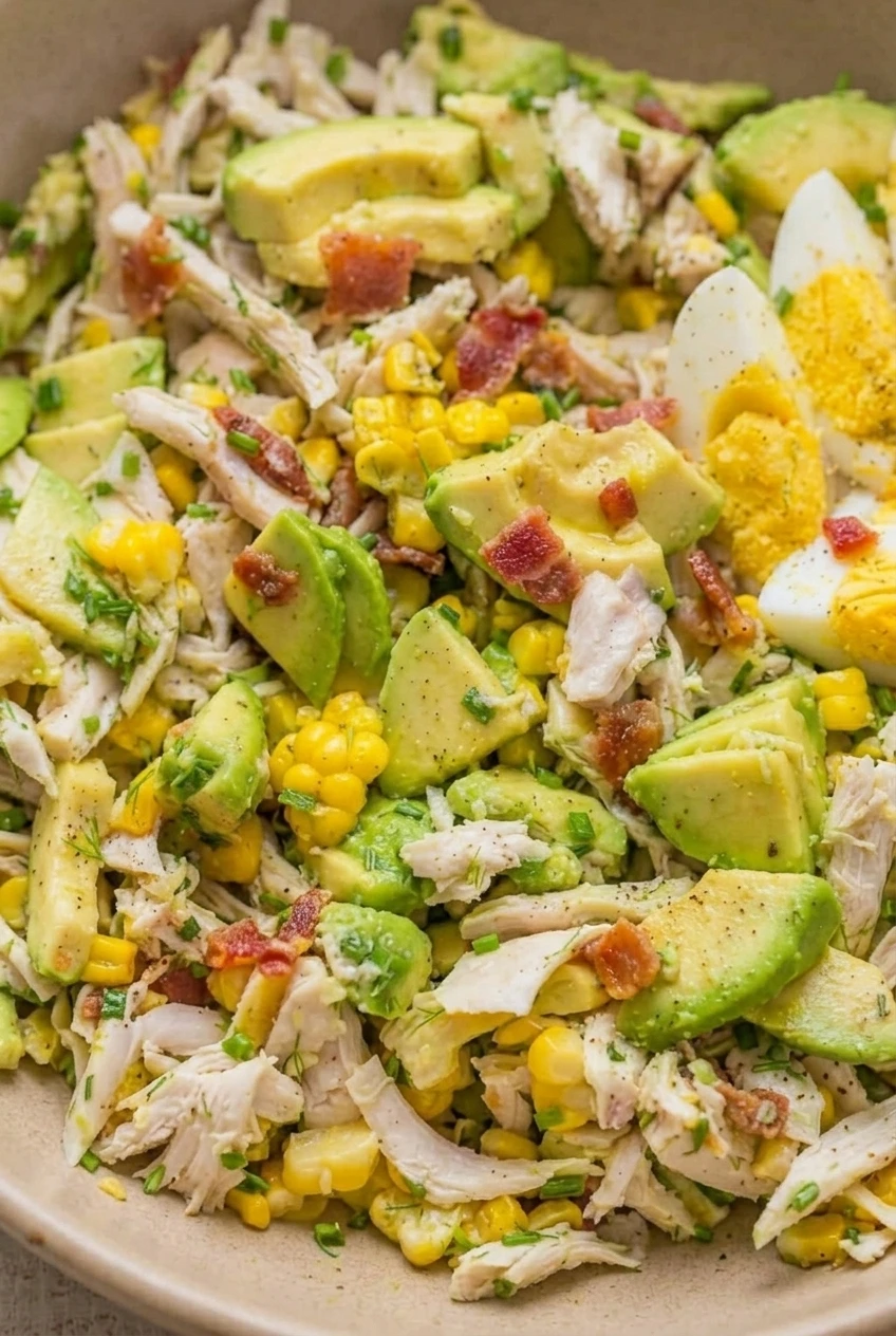 Close detail of avocado chunks, shredded chicken, corn, bacon, chives, and egg in avocado chicken salad.