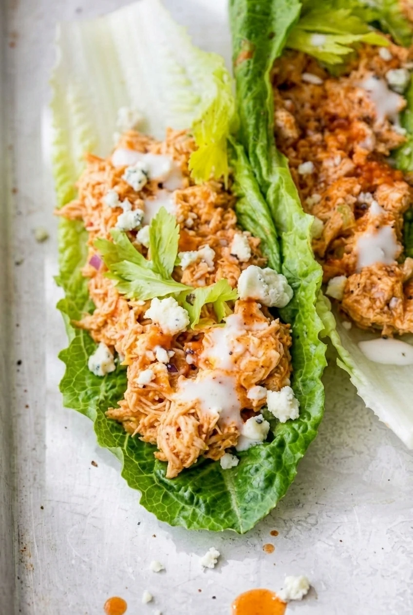 Close view of creamy shredded Buffalo chicken, ranch, blue cheese, and crisp romaine ribs.