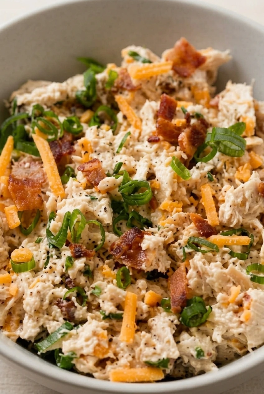 Close detail of creamy ranch chicken salad with distinct chicken pieces, bacon, cheddar, and green onion.