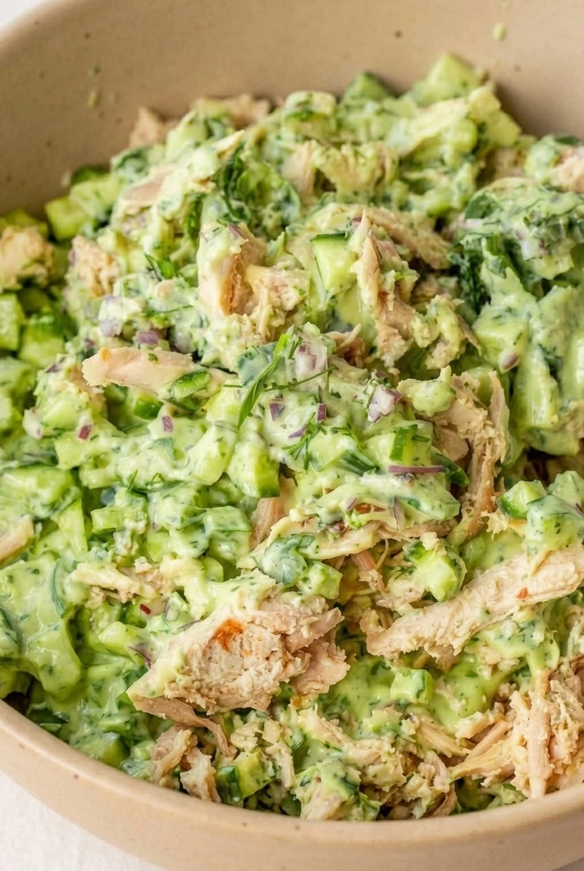Close detail of Green Goddess Chicken Salad showing chicken strands, cucumber chunks, red onion, and herb-flecked dressing