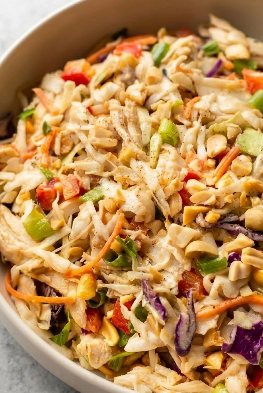 Close detail of creamy peanut dressing coating shredded chicken, cabbage, peppers, carrots and chopped peanuts