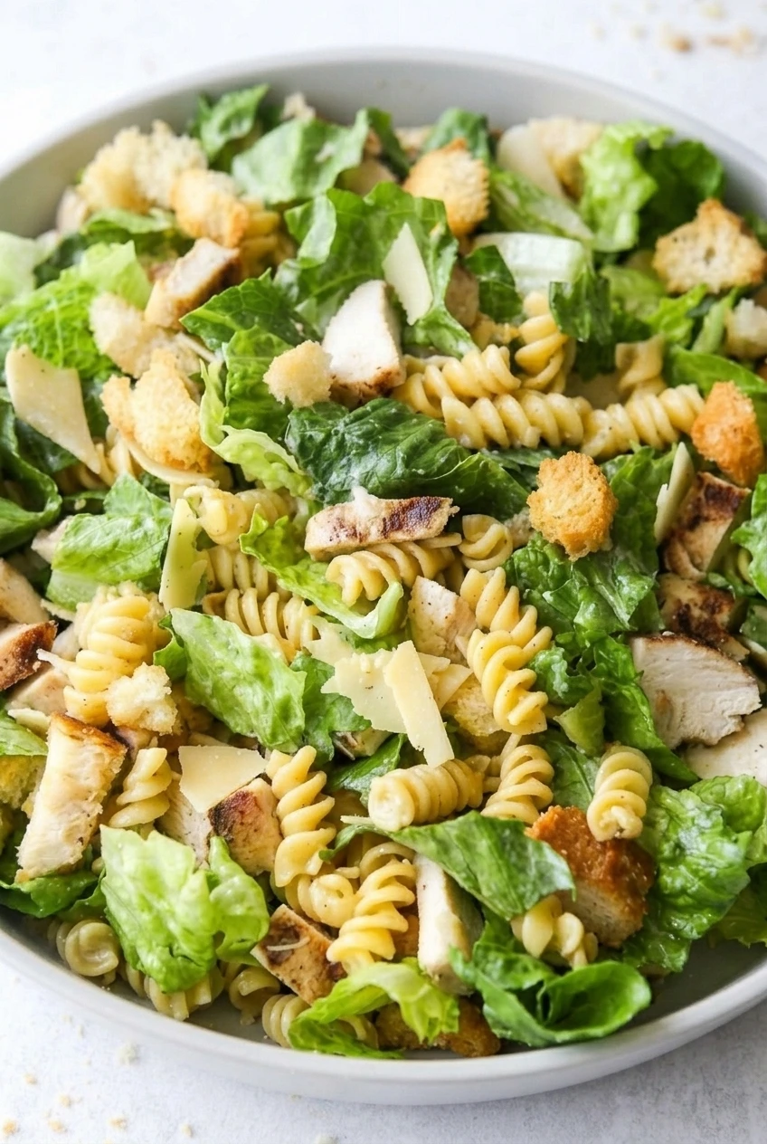 Close detail of creamy rotini, browned chicken, crisp romaine, rustic croutons, and Parmesan shavings