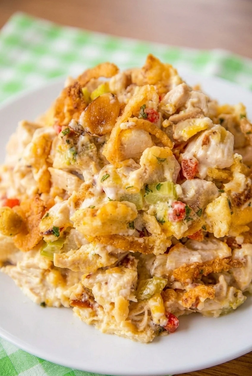 Close detail of hot chicken salad casserole showing chicken pieces, creamy filling, almonds, and crisp golden topping