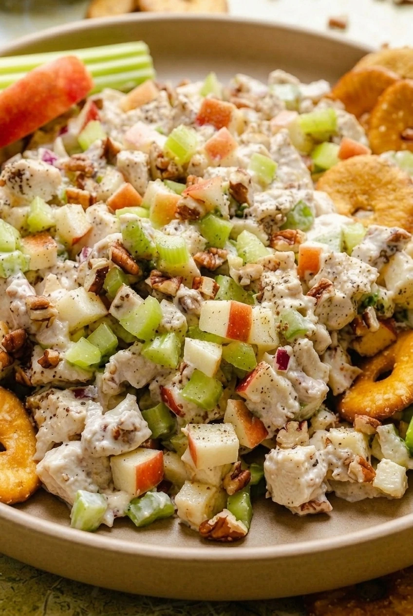 Close view of creamy honey mustard chicken salad showing chicken, red-skinned apple, celery, and pecans