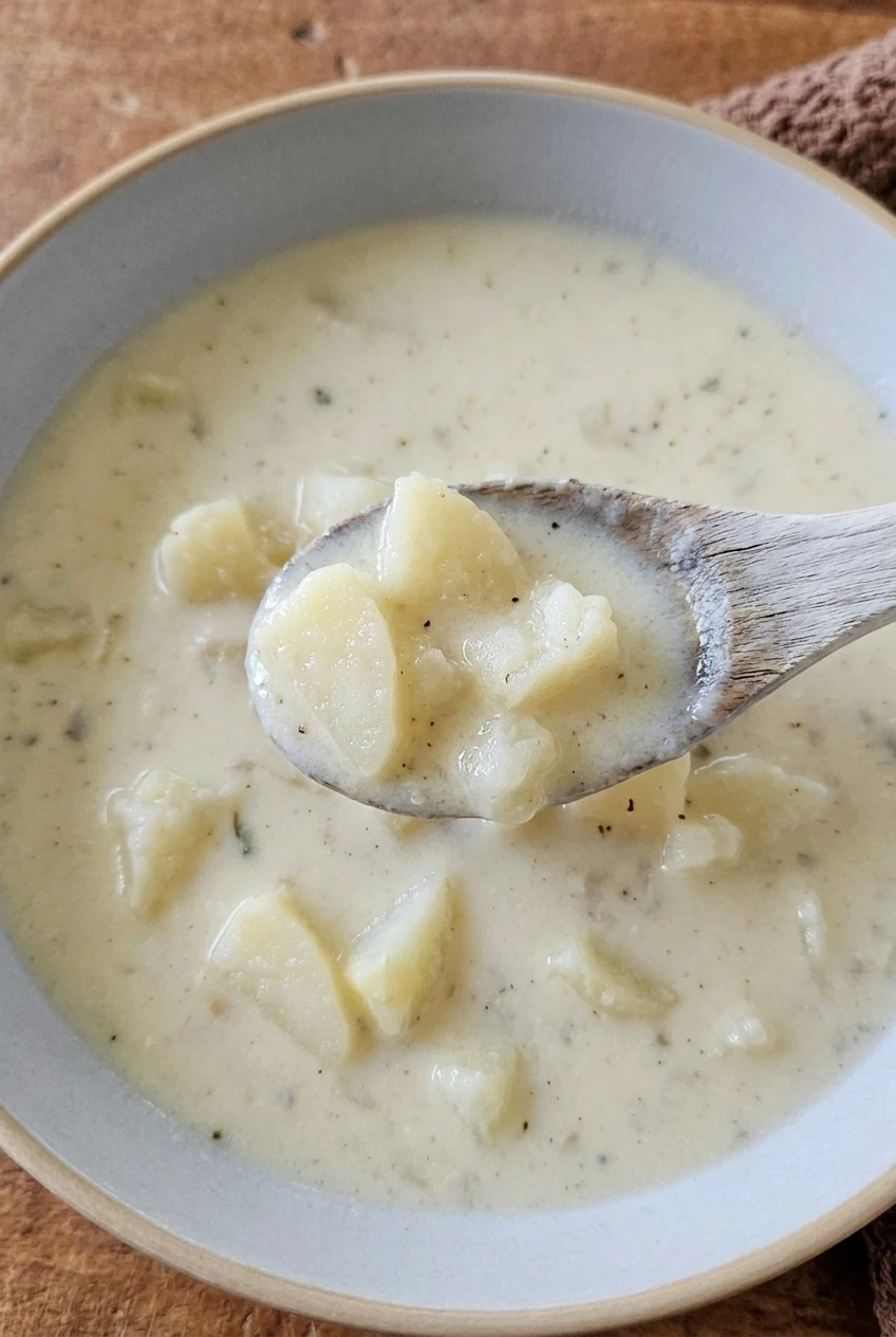 Close view of tender potato chunks and black pepper flecks in the creamy soup broth.