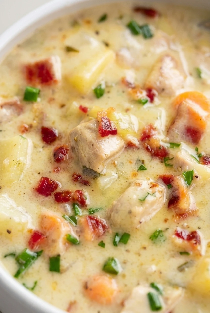 Close detail of creamy chicken and potato soup showing tender chunks, carrots, bacon, and green herbs.