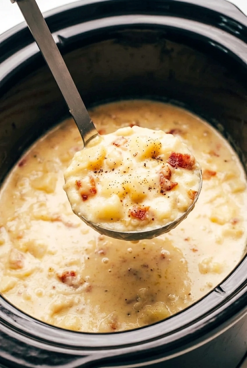 Close-up of a ladleful of creamy potato soup showing tender Yukon Gold chunks, bacon pieces, and black-pepper flecks.