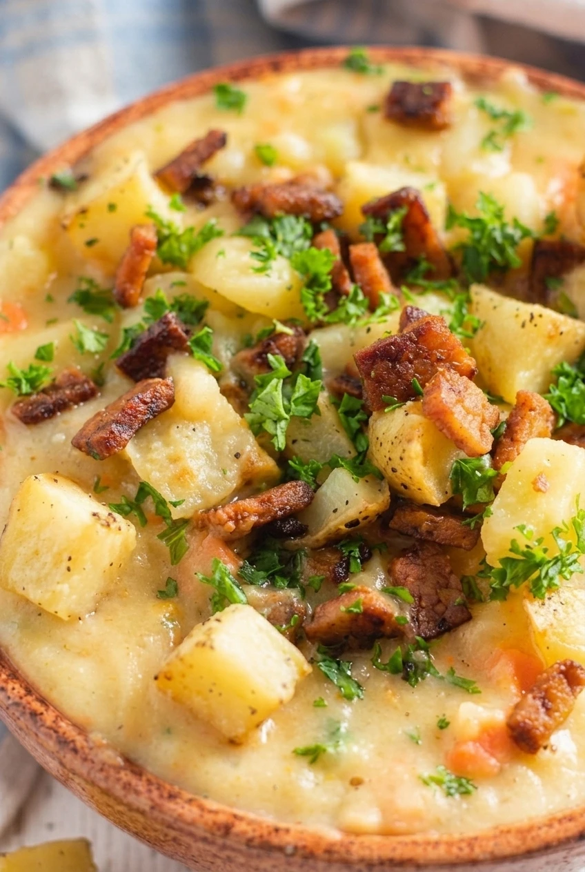 Close view of creamy vegan potato soup showing tender potato chunks, carrots, vegan bacon, and parsley