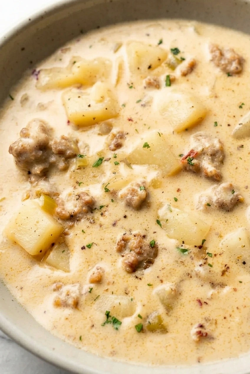 Close detail of tender potato chunks, browned sausage crumbles, and parsley in creamy soup