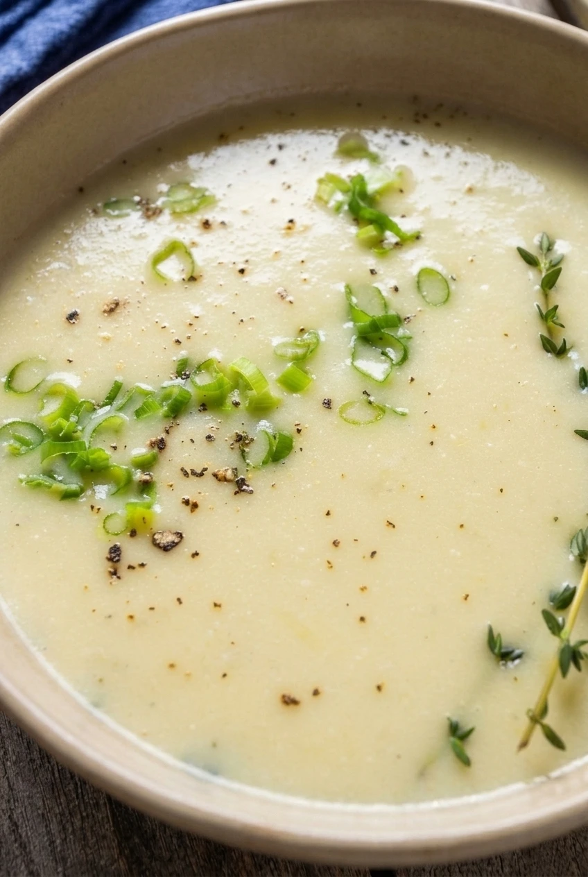 Close view of smooth, pale potato leek soup with green onion, thyme leaves, and cracked black pepper
