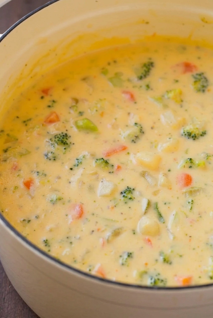 Close view of creamy broccoli cheddar potato soup with distinct broccoli florets, potato chunks, and carrots