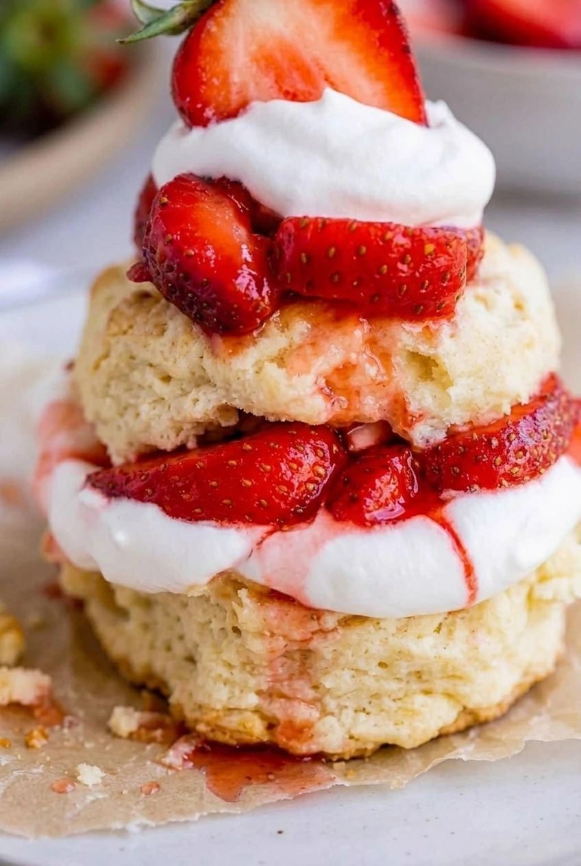 Close detail of strawberry shortcake showing berry syrup on tender biscuit crumb beneath strawberries and whipped cream