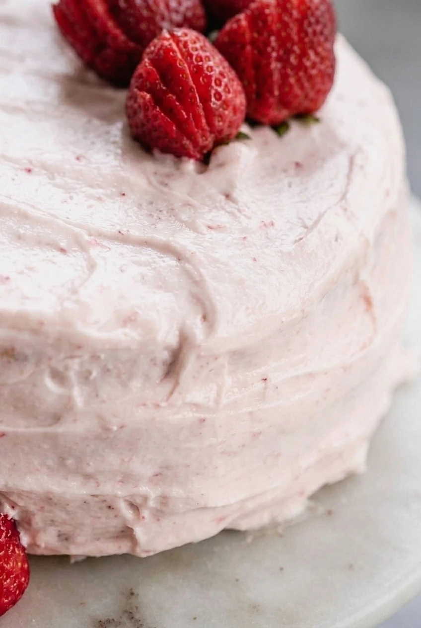 Close view of the strawberry cake’s pale pink frosting, soft spatula swoops, and two-layer edge.