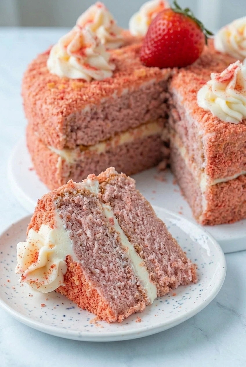 Close view of a strawberry crunch cake slice showing pink layers, buttercream filling, and strawberry-cookie crumbs
