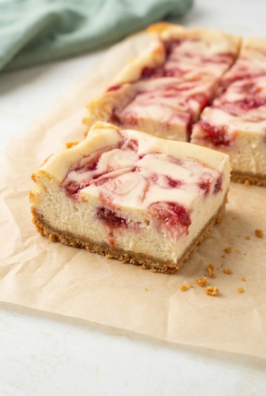 Close view of a strawberry cheesecake bar showing its creamy interior, red berry ribbons, and thin crust.