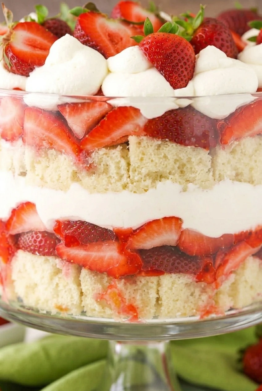 Close view of vanilla cake cubes, juicy strawberry slices, and smooth whipped cream layered inside a glass trifle bowl.