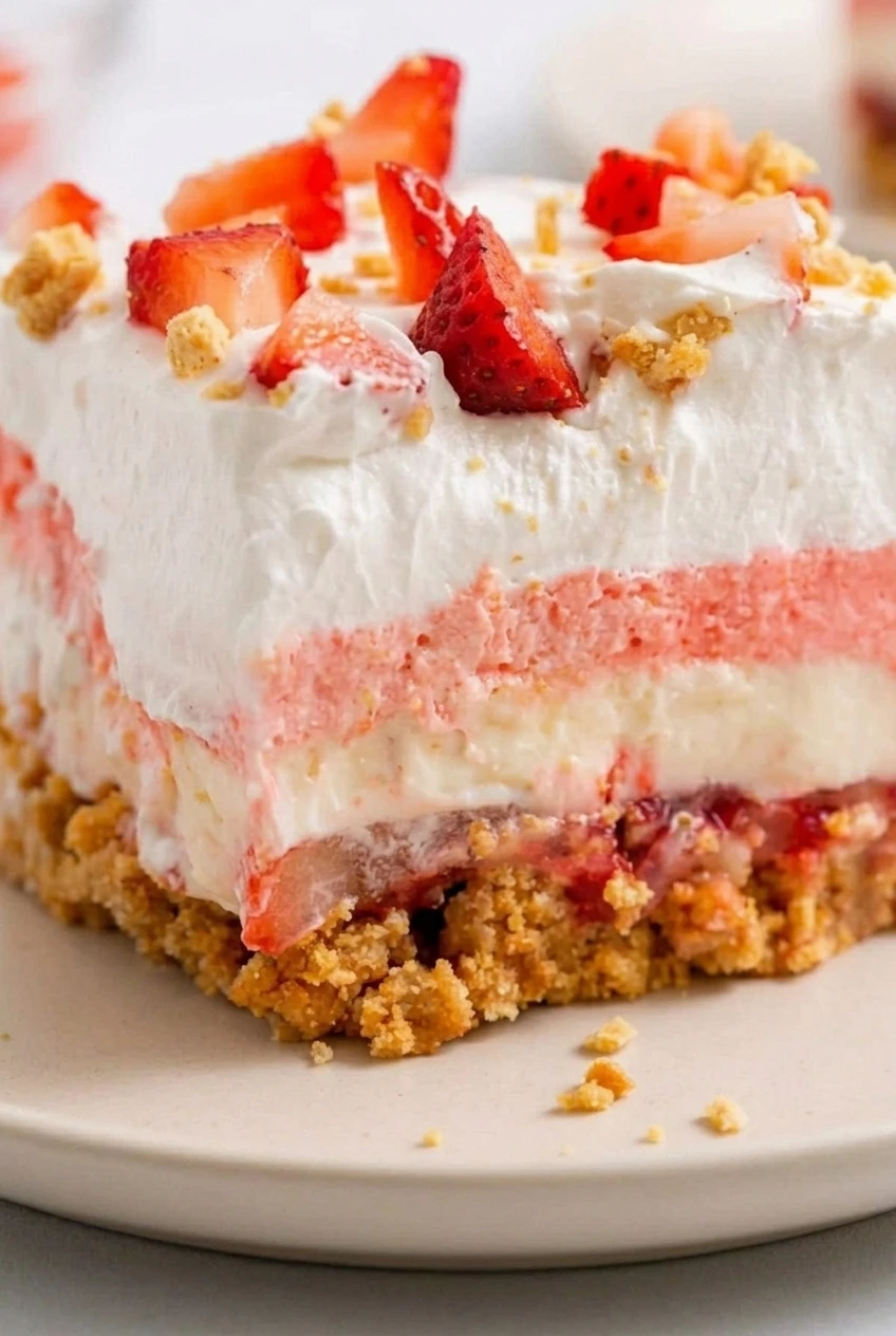 Close-up of No-Bake Strawberry Delight showing its crumbly graham crust and distinct red, white, and pink layers.