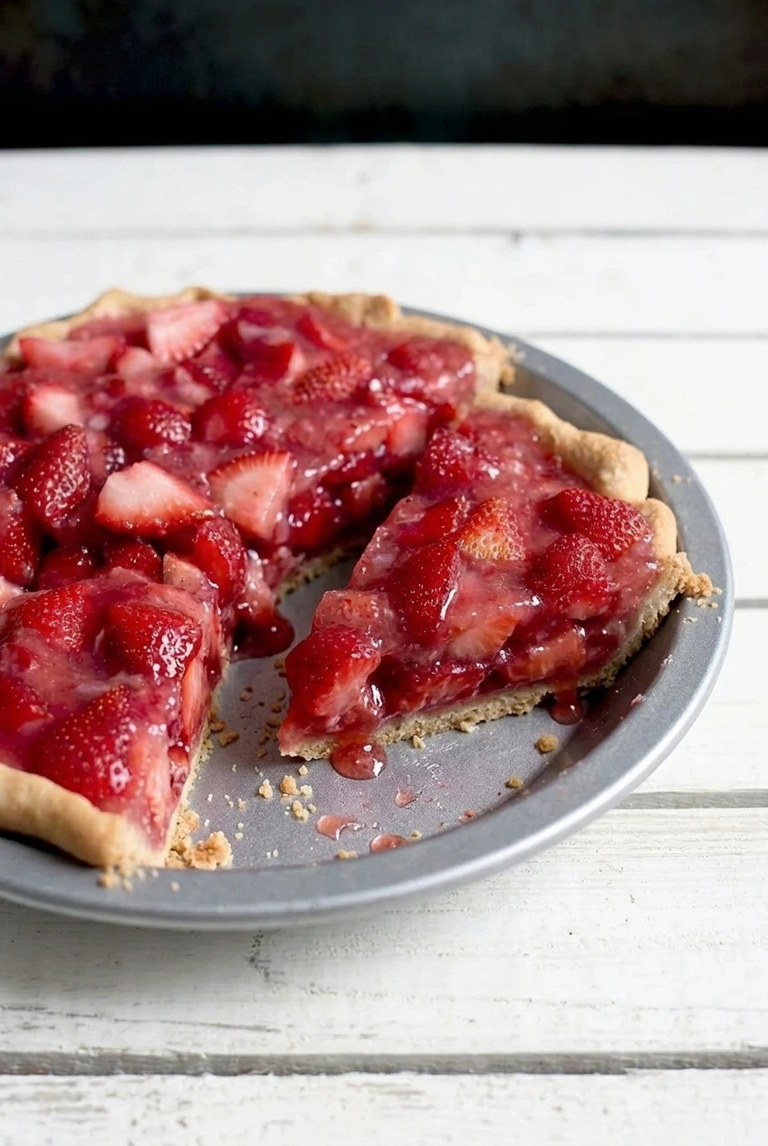 Close view of a strawberry pie slice showing glossy fresh berries and its pastry crust